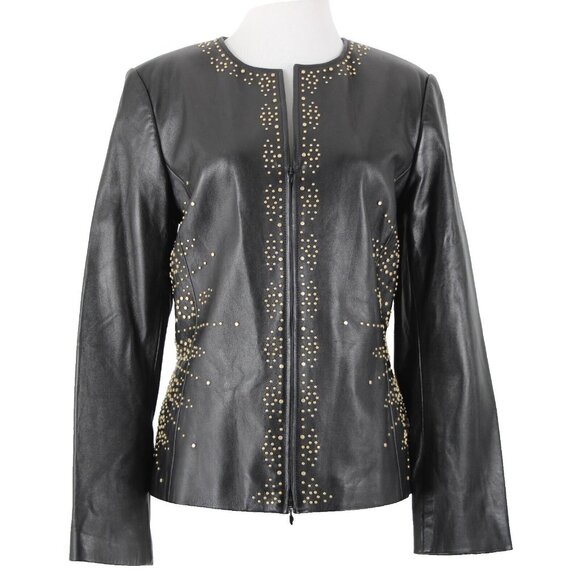 Dana Buchman Sz 12 Black Gold Stud Zipper 100% Leather Acetate Lined Jacket - Picture 2 of 16